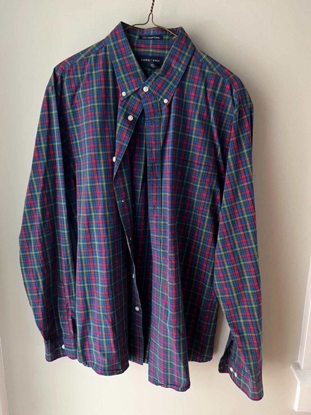 Lands End Mens Supima Cotton Plaid Button Down Shirt Red Green Navy Lg 16-16.5